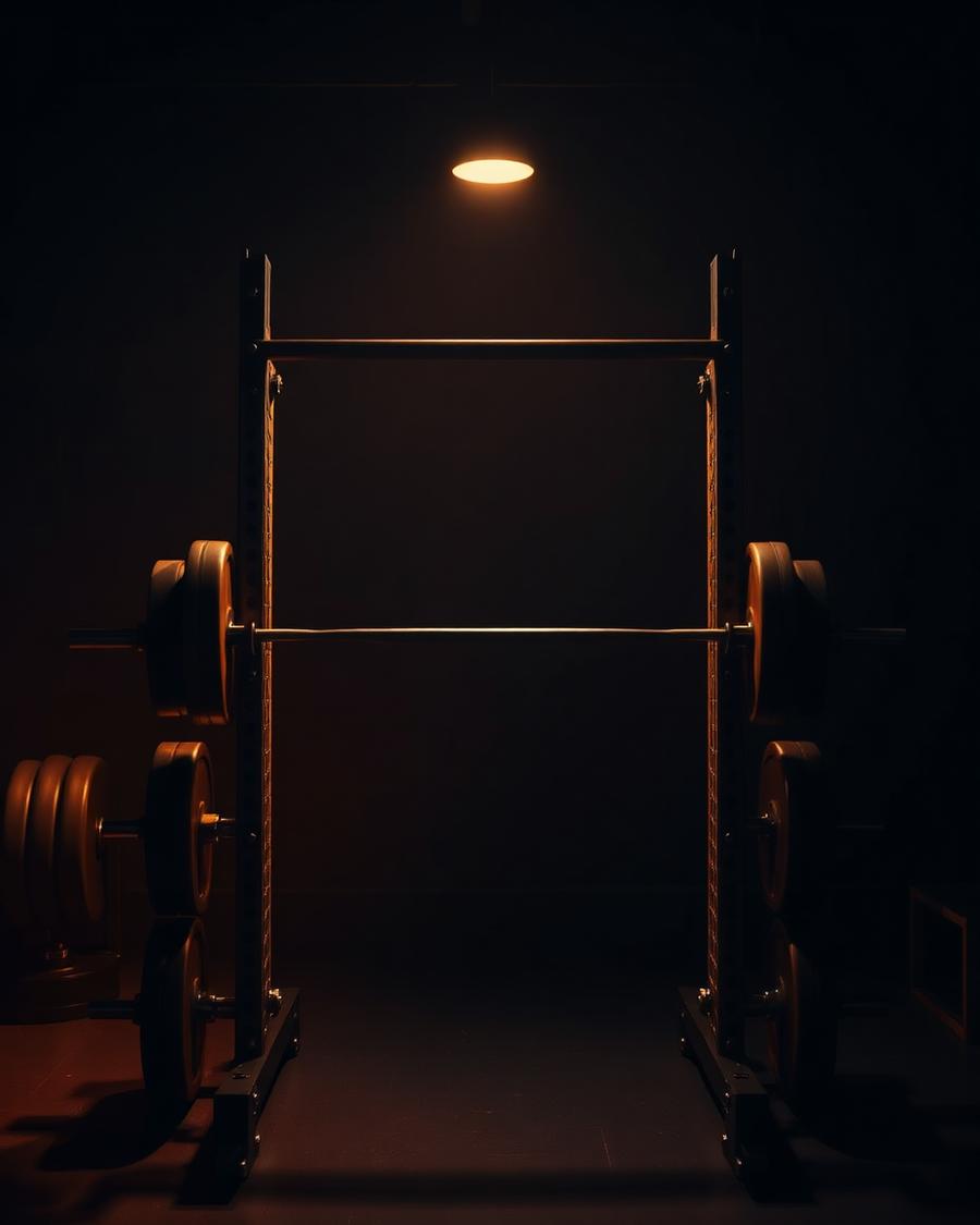 Rack de agachamento em academia com iluminação quente